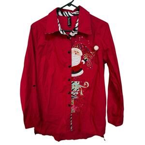 Peeking Santa Christmas Blouse Berek Red Zebra Trim Beads Sequins Top Women's L